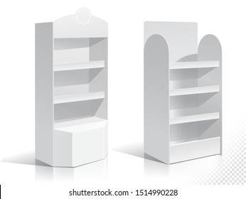 White Empty Displays With Shelves Products.Display on Isolated white background. Mock-up template ready for design. Product Packing Vector