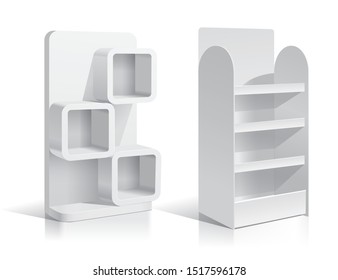 White Empty Displays With Shelves Products.Display on Isolated white background. Mock-up template ready for design. Product Packing Vector