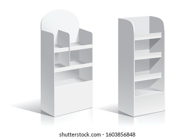 White Empty Displays With Shelves Products.Display on Isolated white background. Mock-up template ready for design. Product Packing Vector