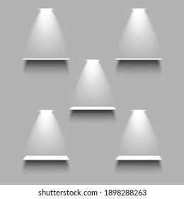 White empty five shelves with light and shadow on grey background. 3d realistic vector design elements set 