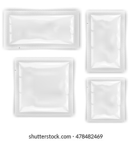 White empty foil, plastic packaging for cosmetics and food vector templates, design mockups sealed package for wipes or condom illustration