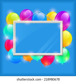 White Empty Frame with Bright Colorful Balloons on Blue Wall. Vector Illustration with Copy-Space for Message