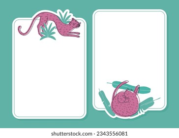 White Empty Frame with Leopard Animal in Tropical Foliage Vector Template
