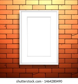 White empty frame with passe-partout hanging on a red brick wall. Mockup for design with shadow
