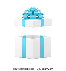 White empty gift box with open cap and festive bow ribbon package 3d icon realistic vector illustration. Cute elegant expensive pack squared container present storage holiday surprise shopping sale