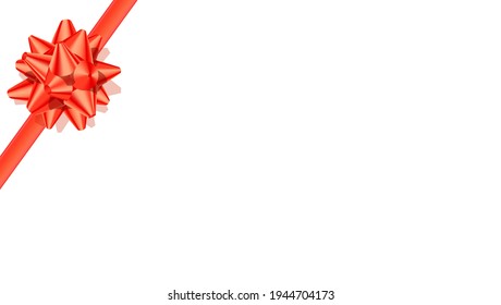 Weiße leere Geschenkkarte. Rotes Band und Schleife in der linken Ecke. Vektorvorlage, 3D-Abbildung.