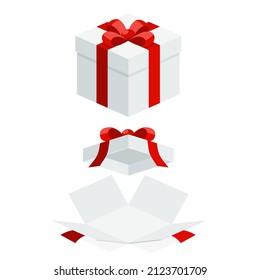 Caja de cambios blanca vacía con cinta roja sobre fondo blanco. Concepto de diseño plano isométrico del ilustrador de vectores.