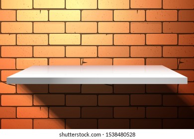 White empty glossy shelf on a brick wall. Background for design with realistic shadows