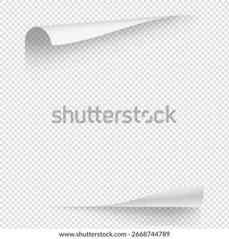 White empty gradient paper curl with shadow isolated on transparent background. Realistic sticker paper page note for notice. Vector mockup illustration