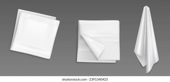 White empty handkerchief mockup - realistic vector illustration set of folded and hanging cloth napkin or kitchen towel. Fabric textile tablecloth or restaurant serviette template isolated on grey.