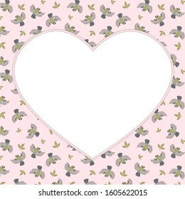 White empty heart for text. Background from a pattern with birds and leaves. Vector design illustration for greeting card.