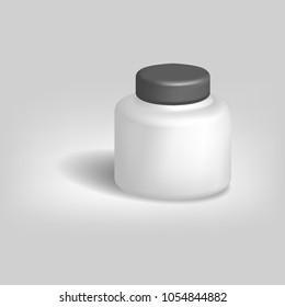 White empty jar with black cap, isolated on white background with shadow. Element for design of container mockup, vector illustration.