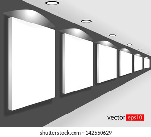 White empty large banners in interior, room with empty white board or canvas