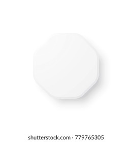 white empty octagonal button with rounded corners and shadow on white background