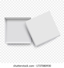 White empty open packing cardboard box for mockup design. 3D realistic vector illustration, box mockup isolated on transparent background. Top view