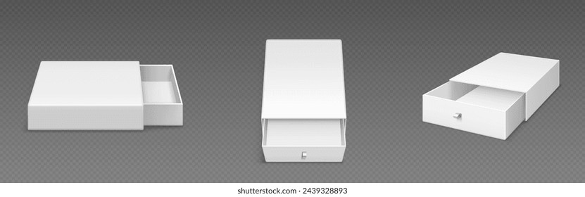 White empty open slide box with ribbon puller. Realistic vector illustration set of drawer shape cardboard package template for gift or presentation concept. Blank carton container with sleeve cover.