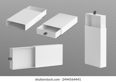 White empty open slide box with ribbon puller. Realistic vector illustration set of drawer shape cardboard package template for gift or presentation concept. Blank carton container with sleeve cover.