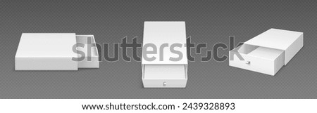 White empty open slide box with ribbon puller. Realistic vector illustration set of drawer shape cardboard package template for gift or presentation concept. Blank carton container with sleeve cover.
