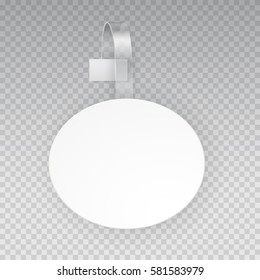 White empty oval paper self adhesive supermarket shelf wobbler isolated on transparent background. Vector circle blank plastic price banner for your design