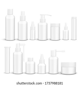 White Empty Packaging Medicine Bottles Isolated On White Background. EPS10 Vector