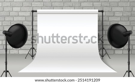White empty paper backdrop in photo studio vector. Photography shoot room with light and tripod equipment. Portfolio session setup mockup. Fashion atelier interior with realistic blank roll up space