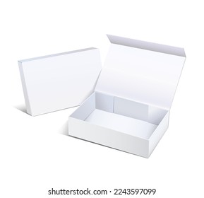 Las cajas blancas de papel vacías se abren y cierran para su diseño, maquillaje, plantilla vacía aislada en el fondo blanco con sombra, un práctico ángulo de presentación para mostrar elementos. Ilustración del vector