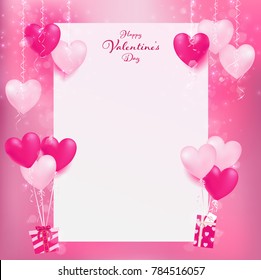 white empty paper for sweet decoration, heart decors hang on top and balloon hearts holding sweet gifts on bottom ,artwork contain pastel colors and magic shapes are dropping from decor objects.