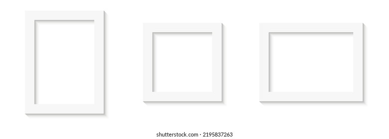 White empty photo or picture frames with shades isolated on white background. Vector illustration. Wall decor. Rectangle and square vertical and horizontal photo frame