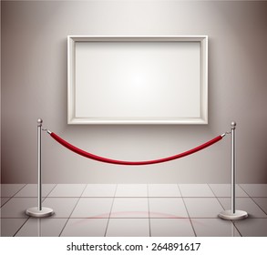 White empty picture frame and rope stanchion realistic exhibition background vector illustration