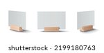 White empty place cards on wooden holder from three different angles realistic mockup isolated vector illustration