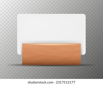Cartas blancas vacías en el soporte de madera. Tarjetas 3d Blank blanco blanco vacío. Plantilla de diseño para la recolección, Marco de menú, Folletos.