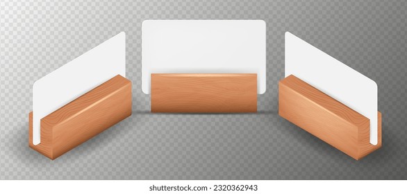 Cartas blancas vacías en el soporte de madera. Tarjetas 3d Blank blanco blanco vacío. Plantilla de diseño para la recolección, Marco de menú, Folletos.