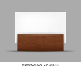 Cartas blancas vacías en el soporte de madera. Tarjetas 3d Blank blanco blanco vacío. Plantilla de diseño para la recolección, Marco de menú, Folletos.
