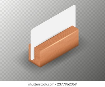 Cartas blancas vacías en el soporte de madera. Tarjetas 3d Blank blanco blanco vacío. Plantilla de diseño para la recolección, Marco de menú, Folletos.