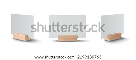 White empty place cards on wooden holder from three different angles realistic mockup isolated vector illustration Сток-фото © 