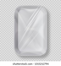 White empty plastic container for food. Layout of food plastic container for meat, fish and vegetables. White fast food fox container packaging. Disposable plastic box for package design top view