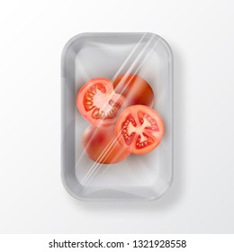 White empty plastic container for food. Layout of food plastic container for meat, fish and vegetables. White fast food fox container packaging. Disposable plastic box for package design top view