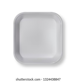 White empty plastic container for food. Layout of food plastic container for meat, fish and vegetables. White fast food fox container packaging. Disposable plastic box for package design top view