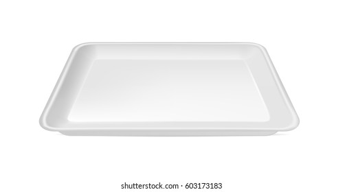 White empty plastic container for food. Packaging for meat, fish and vegetables.