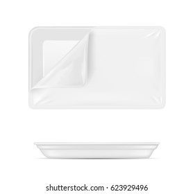 White empty plastic container for food. Packaging for meat, fish and vegetables.