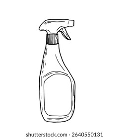 White empty plastic detergent bottle with spray cap for home and office cleaning, sketch in black and white ink. Vector illustration. Transparent plastic spray bottle, insulated on a white background