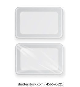 White empty plastic food container . Packaging for meat, fish and vegetables