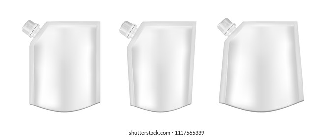 White empty plastic packaging with cap. Blank foil sachet for food or drink.