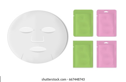 White empty plastic packaging with sheet mask. Blank foil or plastic sachet for food or medicines.