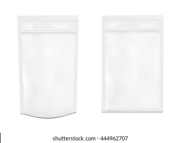 White empty plastic packaging with zipper. Blank foil sachet for food or drink.