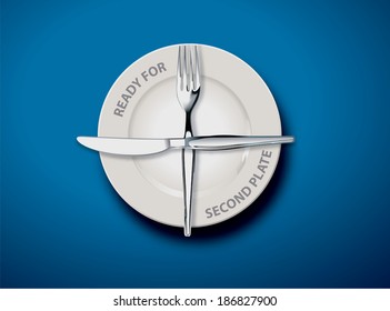 White empty plate with fork and knife on light blue tablecloth, Ready for second plate concept, Illustrator, Vector