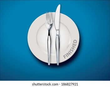 White empty plate with fork and knife on light blue tablecloth, Finished concept, Illustrator, Vector