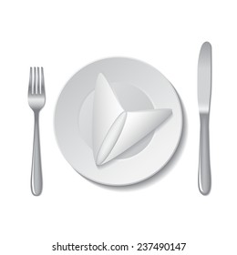 White empty plate with fork and knife on a white background. Vector illustration.