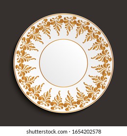 White empty plate with golden border pattern. Vintage porcelain saucer on table. Antique decorative dish. Top view. Vector illustration.