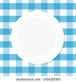 White empty plate on blue checkered tablecloth. Top view. Vector illustration, flat design